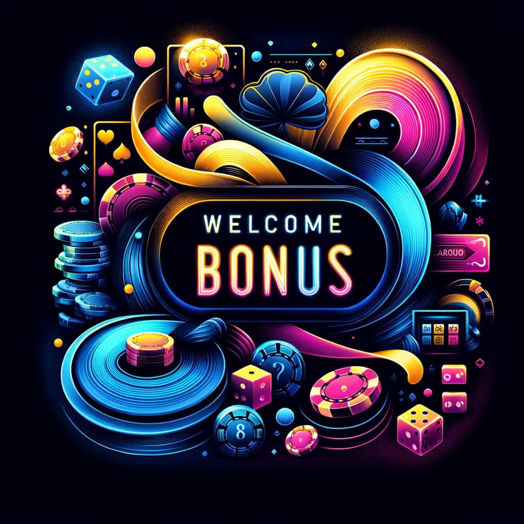 a visually captivating design for a casino welcome bonus advertisement, ensuring the correct spelling in the design. The background should be d